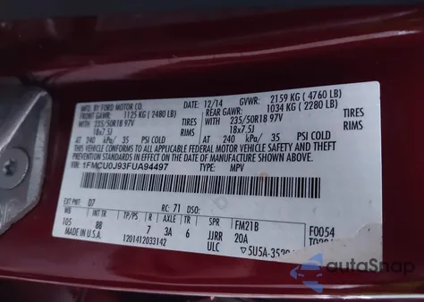 2015 Ford Escape Titanium z USA, uszkodzony, nr VIN 1FMCU0J93FUA94497